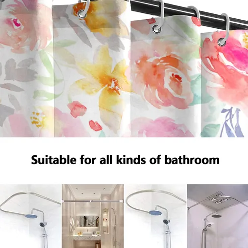 Vista 3 de Lovetar Cortina de ducha con diseño de flores de acuarela brillante, diseño femenino, tela impermeable, lavable, juego de cortinas de baño para baño