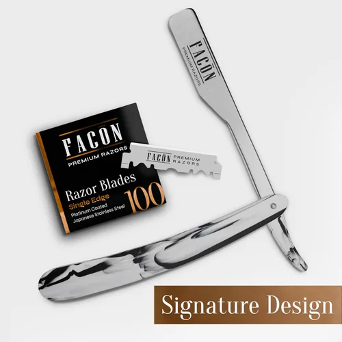 Vista 8 de Facón Navajas rectas para hombres - Kit de navaja de barbero profesional de borde recto con 100 cuchillas, afeitadora clásica de acero inoxidable