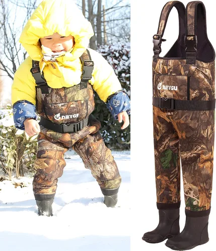 Vista 6 de Vadeador de pecho térmico e impermeable de neopreno para niños de 0.197 in con botas de goma, Hoja de arce camuflaje