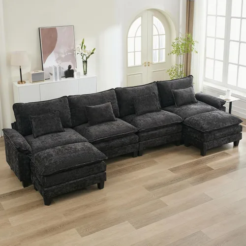 Vista 52 de URRED - Sofá seccional modular tipo nube, cómodo sofá cama de chenilla moderna con asientos profundos y otomán/almohadas para sala de estar