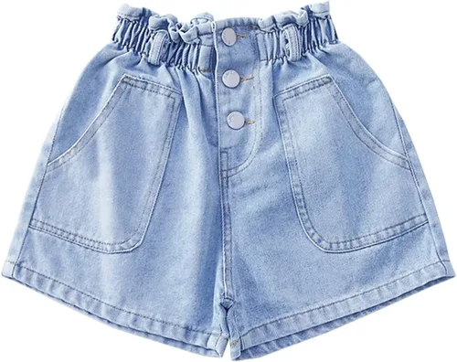 Vista 2 de Rolanko Pantalones cortos de mezclilla para niñas, cintura elástica, pantalones cortos de mezclilla de verano para niños de 4 a 14 años