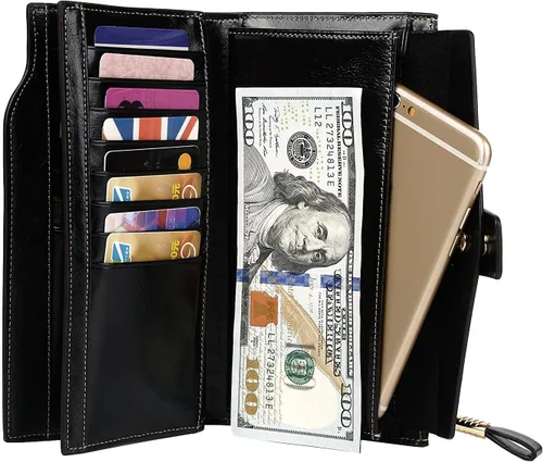 Vista 19 de Cartera plegable de cuero de gran capacidad con bloqueo RFID para mujer