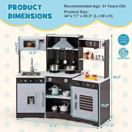 Vista 6 de Costzon Juego de cocina esquinera para niños, juego de cocina de juguete de madera con campana extractora de luces y sonidos, máquina de hielo