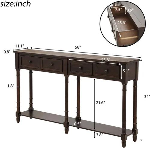 Vista 2 de Mesa consola, mesa de sofá con 2 cajones de almacenamiento y estante inferior para sala de estar, entrada, fácil montaje (expreso)