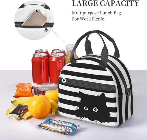 Vista 13 de Perinsto Bolsa de almuerzo a rayas blancas y negras con diseño de gatos, contenedor aislado reutilizable con correa de hombro ajustable, 9 x 5 x 7.8
