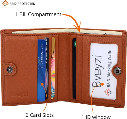 Vista 3 de Bveyzi Cartera ultra delgada RFID para mujer, cartera de cuero pequeña y delgada con bolsillo doble para damas