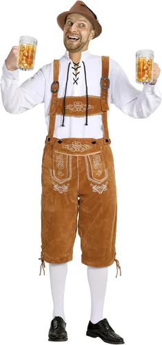 Vista 6 de Toulite Juego de 6 piezas de disfraz alemán de Oktoberfest para hombre, Lederhosen, camisa, sombrero, calcetines, jarra de cerveza para festival