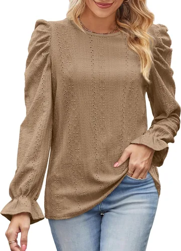 Vista 2 de WIHOLL Puff Sleeve Tops for Women Crewneck Eyelet Tunic Shirts Fall Clothes