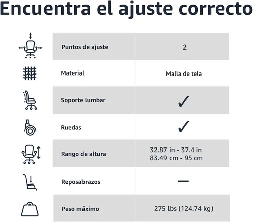 Vista 5 de Amazon Basics Silla de oficina con respaldo bajo, malla transpirable, altura ajustable, asiento acolchado, ruedas giratorias, soporte de espalda