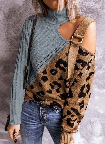 Vista 3 de Happy Sailed Suéteres de punto para mujer con hombros descubiertos, cuello alto, manga larga, de gran tamaño, tallas S-2XL