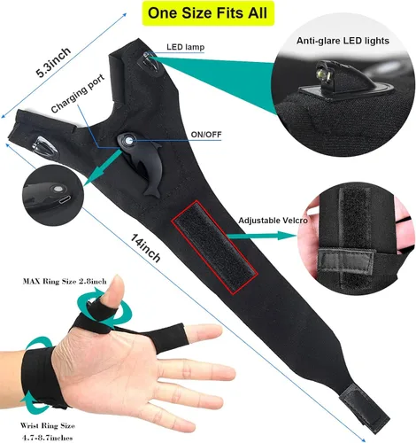 Vista 7 de HikooLSS Linterna LED recargable impermeable con guantes, correa ajustable, talla única para todos, Negra Geniales luces de dedo, regalos del día