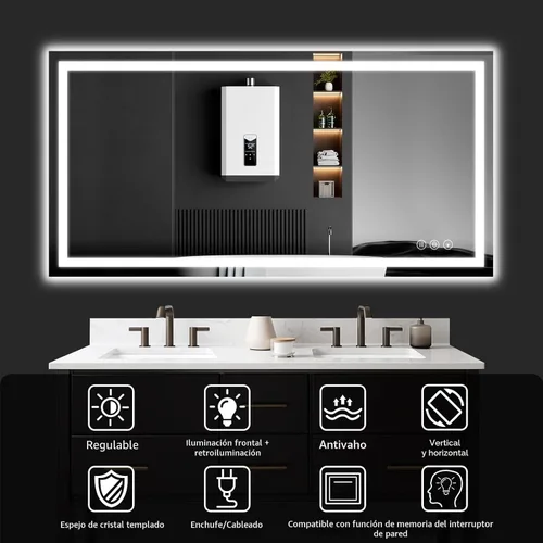 Vista 2 de Espejo de baño LED de 30 x 48 pulgadas con luces, regulable, antivaho, espejo de tocador de baño para pared, retroiluminado + luz frontal, función