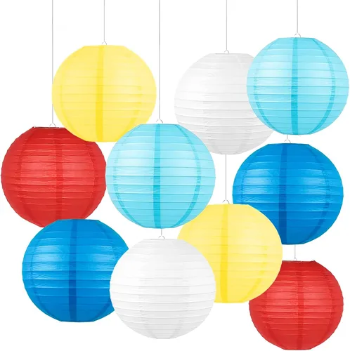 Vista 16 de Juego de linternas de papel azul y naranja (12 piezas) - Faroles colgantes de 6/8/10 pulgadas para fiestas de dibujos animados, eventos deportivos