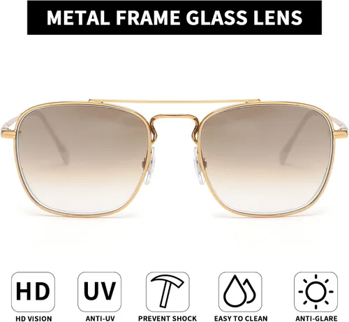 Vista 2 de JIM HALO Gafas de sol retro cuadradas estilo aviador con lente de cristal de alta calidad, gafas planas de metal para hombres y mujeres