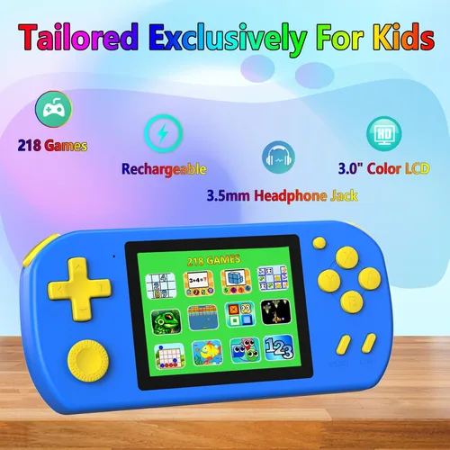 Vista 2 de Juegos de mano para niños con 218 juegos de video incorporados, juguetes de viaje portátiles para niños de 4 a 13 años con batería recargable, Azul