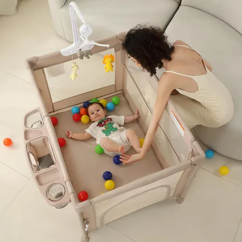 Vista 6 de Paquete y juego 5 en 1, moisés de bebé, cuna para bebé, cuna con cambiador, corral de viaje plegable para recién nacidos a niños pequeños (beige)