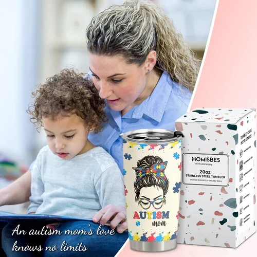 Vista 2 de Regalos para mamá autista, taza de viaje de conciencia sobre el autismo con popote para mamá, tazas de acero inoxidable para autismo de 20 onzas