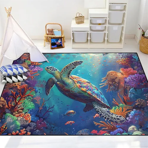 Vista 10 de Alfombra de tortuga marina con estampado de animales marinos y animales marinos, alfombra con estampado de tortugas marinas, para niños y niñas