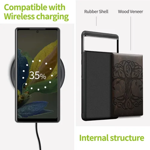 Vista 4 de Carveit Funda de madera para Pixel 6 [madera real dura y TPU suave] a prueba de golpes, funda protectora híbrida única y elegante de madera