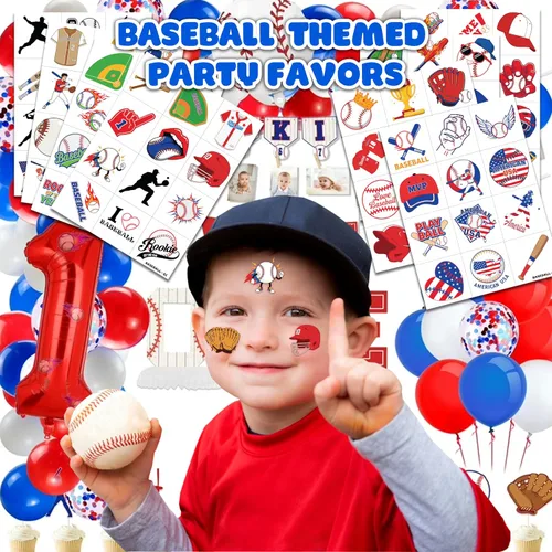 Vista 2 de 120 tatuajes temporales precortados para deportes de béisbol para niños Super Cute Baseball Themed Birthday Party Favors, Supplies, Decorations