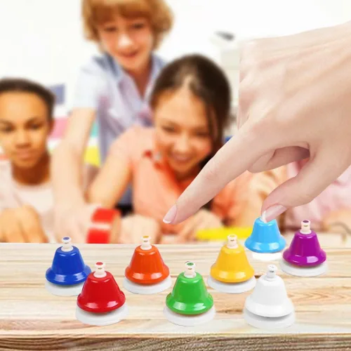 Vista 6 de ENNBOM Campana de escritorio 8 notas instrumento de percusión musical - campana de mano diatónica para enseñanza musical