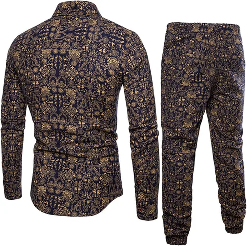 Vista 2 de VEZAD Chándal para hombre, estilo étnico, estampado de algodón y lino, camisa de manga larga + pantalones