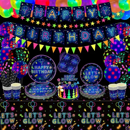 Vista 9 de 241 piezas de suministros para fiestas de neón brillante, juego de vajilla de neón brillante, globos de neón que brillan en la oscuridad, pancarta