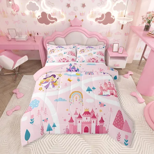 Vista 32 de Feelyou - Juego de funda de edredón para niños, castillo rosa, tamaño individual, lindo juego de edredón con moño, juego de cama para niños y niñas