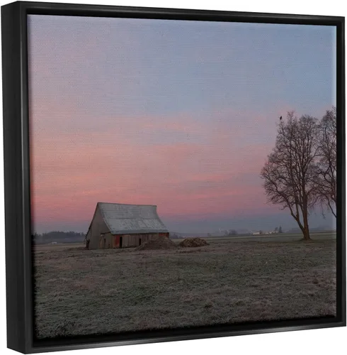Vista 2 de Stupell Industries Cabaña de pastizales solitarios árboles rurales puesta de sol cielo flotante enmarcado arte de pared, diseño de Nancy Crowell
