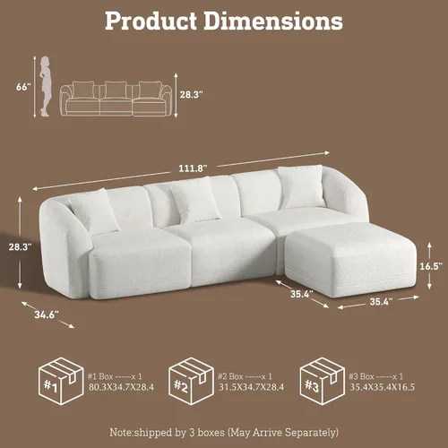 Vista 2 de Sofá modular de 3 plazas sin hueso de 112 pulgadas Blanco