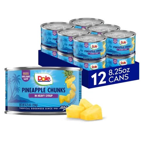 Vista 8 de Dole Fruta enlatada, trozos de piña en almíbar pesado, sin gluten, grapas de despensa, 20 onzas, 12 unidades, el embalaje puede variar