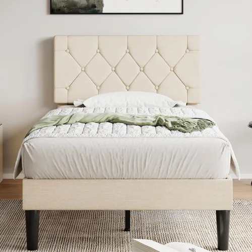 Vista 20 de VECELO Base de cama tamaño completo con cabecera capitoné con botones, plataforma tapizada con soporte de listones de madera, no necesita somier