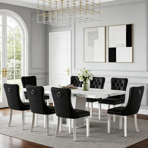 Vista 15 de Henf Juego de mesa de comedor extensible de 5 piezas para 4, mesa de cocina de imitación de mármol de 63"-79" con 4 sillas negras, juego de mesa