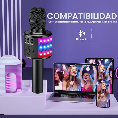 Vista 4 de Micrófono de karaoke BONAOK para niños y adultos - micrófonos Bluetooth con luces de disco, efecto eco, altavoz incorporado, reproductor de karaoke