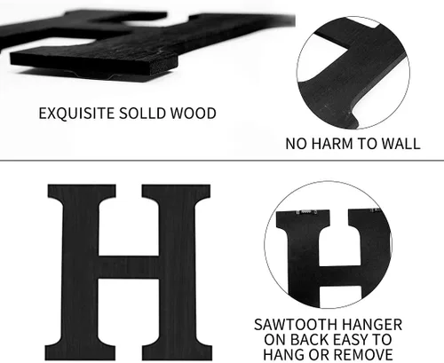 Vista 6 de Cartel colgante de madera con letras en inglés «HOME» (Hogar) con corona de eucalipto artificial para la letra «O», decoración de pared estilo Negro