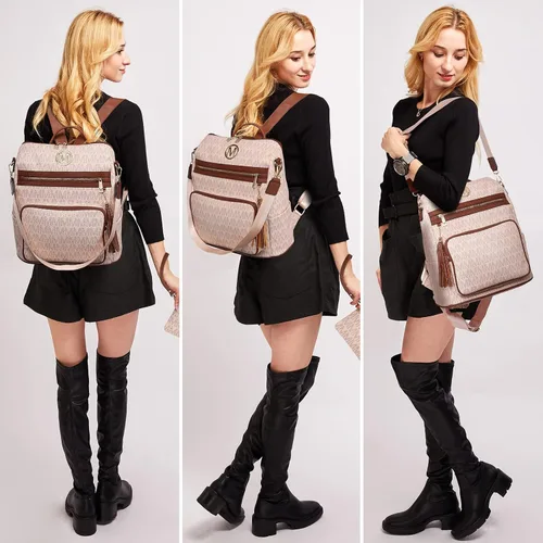 Vista 56 de MKP COLLECTION Mochila de moda para mujer, bolsa convertible grande para mujer, mochila de viaje, bolsa de hombro, juego de 2 piezas con borla, Beige