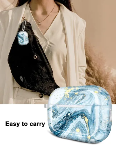 Vista 5 de Funda para Airpods Pro de 2ª generación, diseño de mármol con purpurina dorada, piel protectora de TPU para mujeres y niñas con llavero compatible
