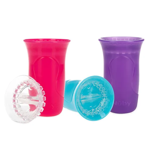 Vista 6 de Nuby Vaso antiderrames de 3 piezas con borde de silicona 360 Smart Edge, paquete de 3, 10 onzas, multicolor