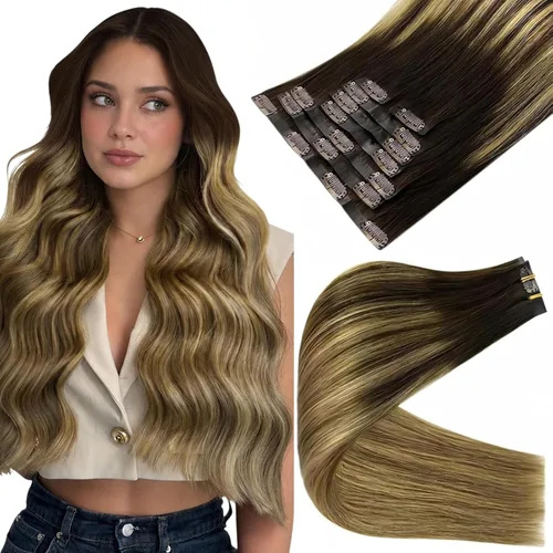 Vista 11 de Full Shine Extensiones de cabello humano con clip de 12 pulgadas, extensiones de cabello con clip de castaño claro a rubio, extensiones de cabello