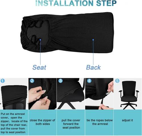 Vista 6 de Tatuo Fundas para silla de oficina y computadora, protector universal para silla giratoria, extraíble, lavable, con cremallera para respaldo de Negro