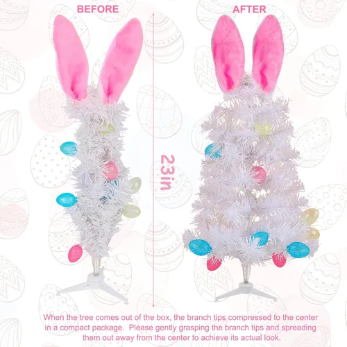 Vista 2 de Dynaming Decoraciones de mesa de Pascua, árbol blanco de conejo de Pascua iluminado de 23 pulgadas, árbol de mesa artificial preiluminado con orejas