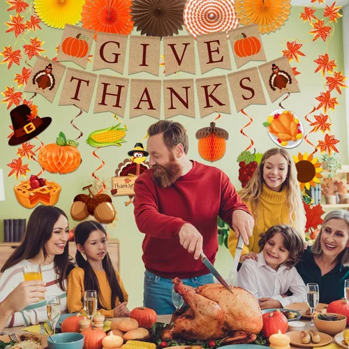 Vista 2 de Decoraciones de Acción de Gracias, pancarta de agradecimiento y calabaza, pavo, remolinos colgantes, guirnalda de hojas de arce, decoración temática
