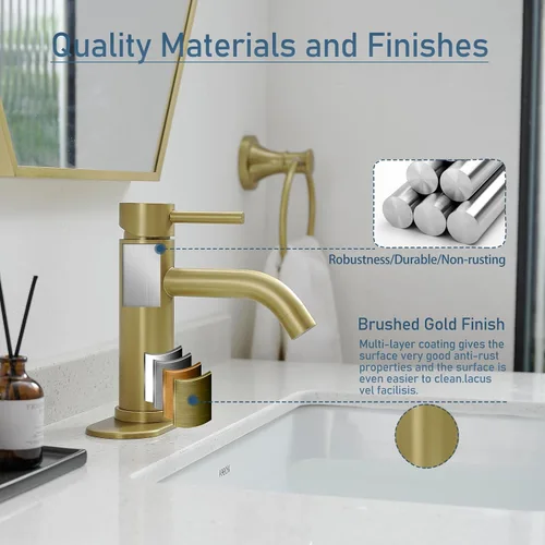 Vista 4 de GENBONS Grifos de Baño Dorados, Grifo de Lavabo Moderno de Una Sola Manija Dorado Cepillado de 1 Agujero con Placa de Cubierta de 3 Agujeros, Grifo
