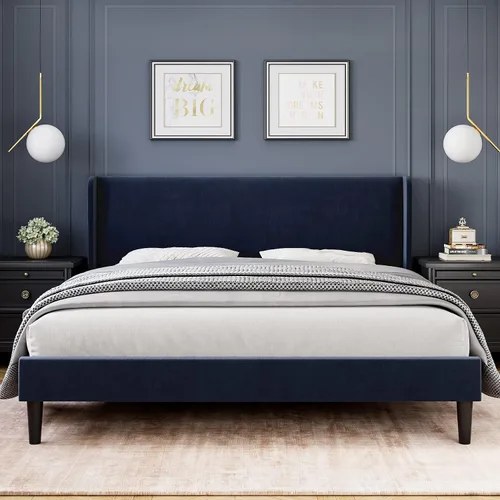 Vista 11 de Base de cama de tamaño matrimonial con cabecera tapizada, base de cama de plataforma de madera con 2 bolsillos de almacenamiento, respaldo de ala