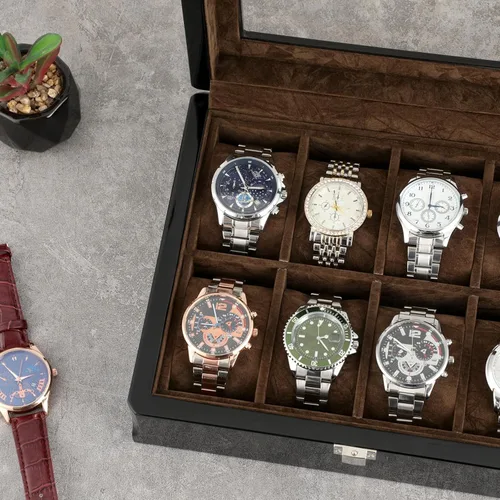 Vista 7 de Caja de reloj de madera con acabado lacado, organizador de relojes para hombre de 8 ranuras con parte superior de cristal, lujosa caja de exhibición