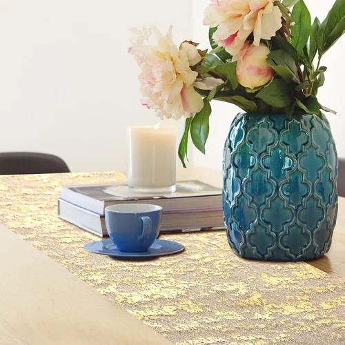 Vista 6 de Tatuo 3 piezas de camino de mesa dorado de malla fina metálica para decoración de bodas, manteles rectangulares de lentejuelas con purpurina dorada