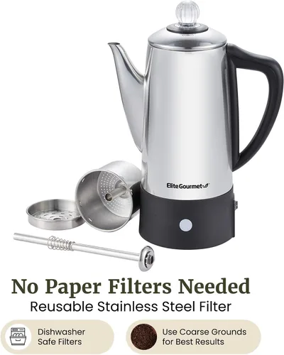 Vista 4 de Elite Gourmet EC140 Cafetera eléctrica de 6 tazas con función de mantener caliente, perilla de progreso de preparación transparente, mango de tacto
