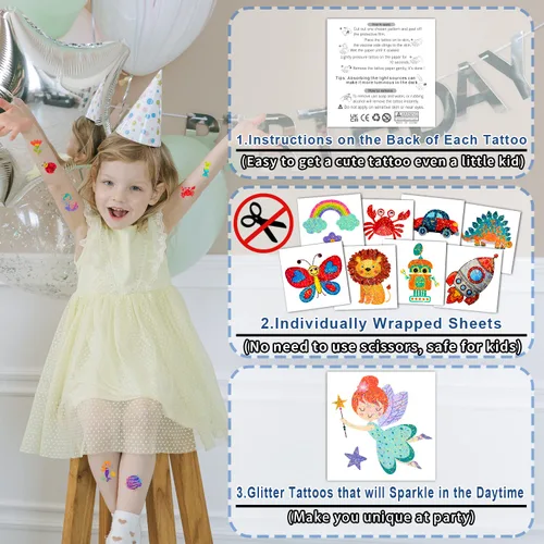 Vista 2 de Partywind 204 estilos de purpurina envueltas individualmente para niños, tatuajes falsos, sorpresa de cumpleaños para niños y niñas, suministros