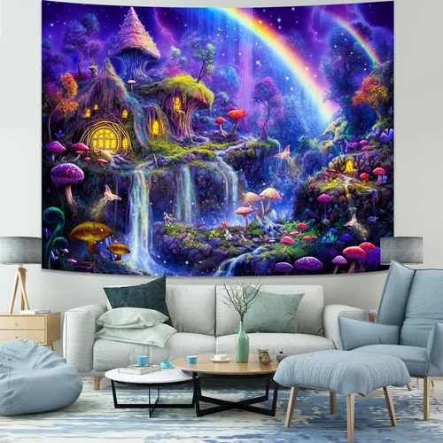 Vista 2 de Kanuyee Tapiz de luz negra de neón para colgar en la pared, bosque encantado, cascada, tapices para dormitorio, tapices UV, para colgar en la pared
