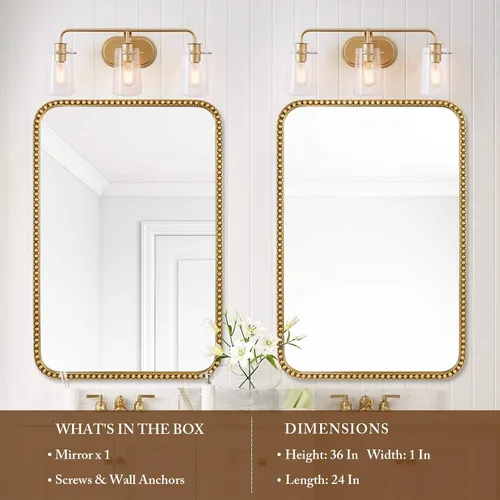Vista 2 de Espejo de pared para baño, espejo rectangular de 24 x 36 pulgadas, marco de cuentas de esquina redondeada, espejo de tocador grande que se cuelga